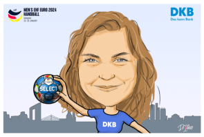 Karikaturist Di Vino zeichnet auf der Handball EM für die DKB-Bank